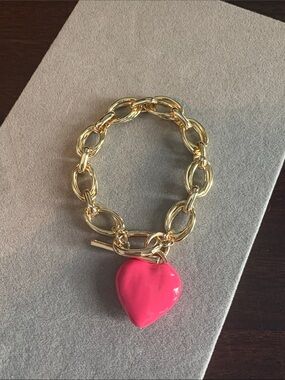Gold Link Bracelet with Pink Heart Charm